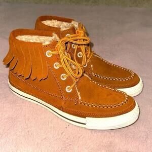Converse Chuck Taylor Moccasin Fringe Sneakers Brown Suede Western Fur Lined 7.5